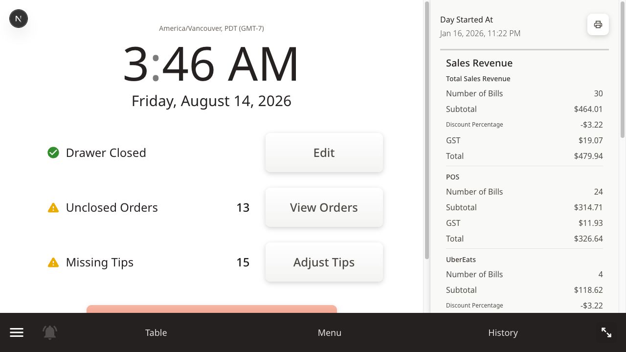 K-Order End Day screen showing closeout tasks and sales revenue
