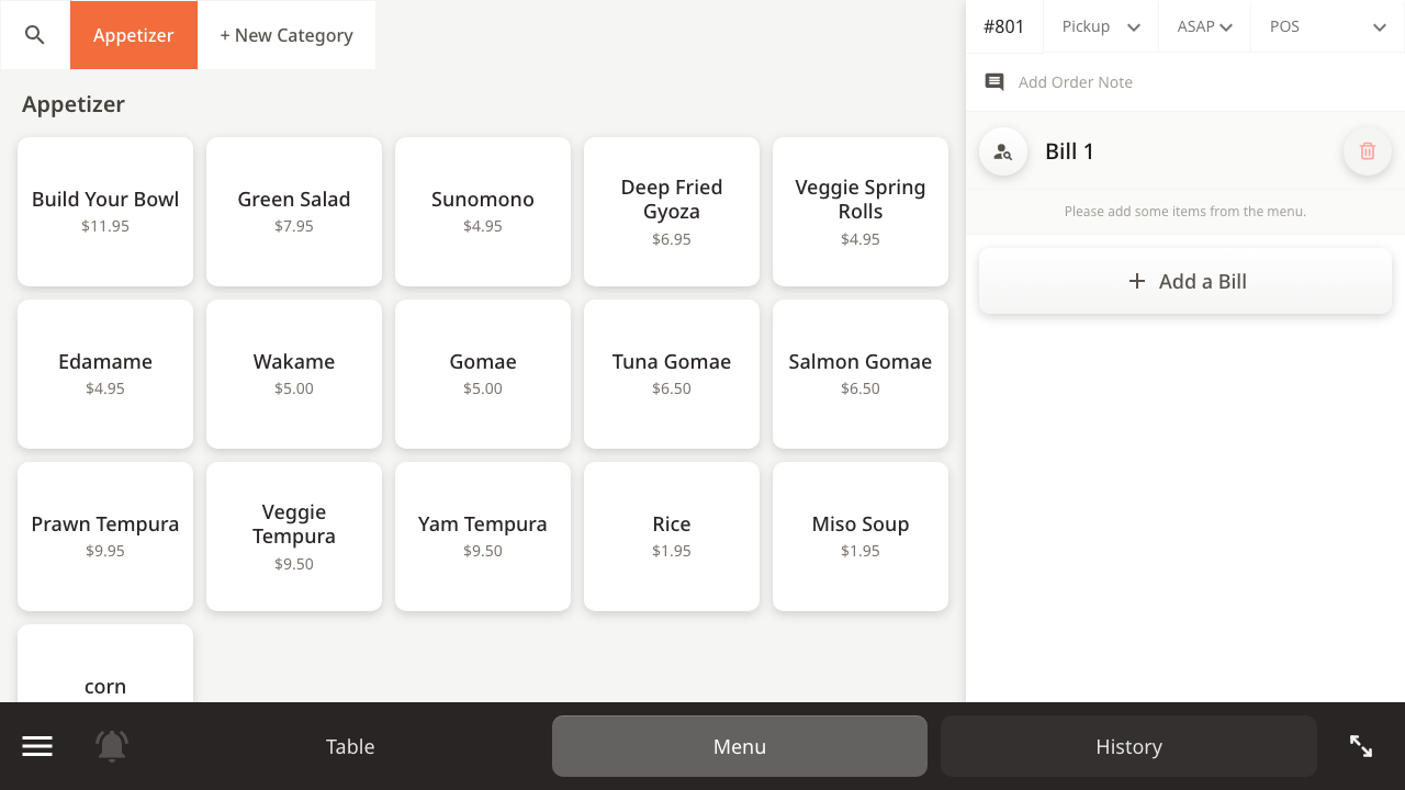 K-Order menu page showing products and an active order