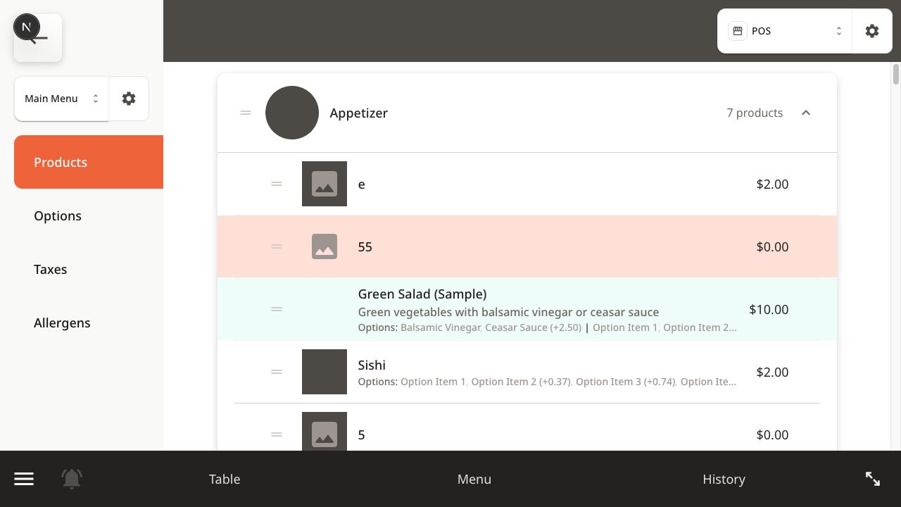 K-Order menu settings page showing product categories and menu items